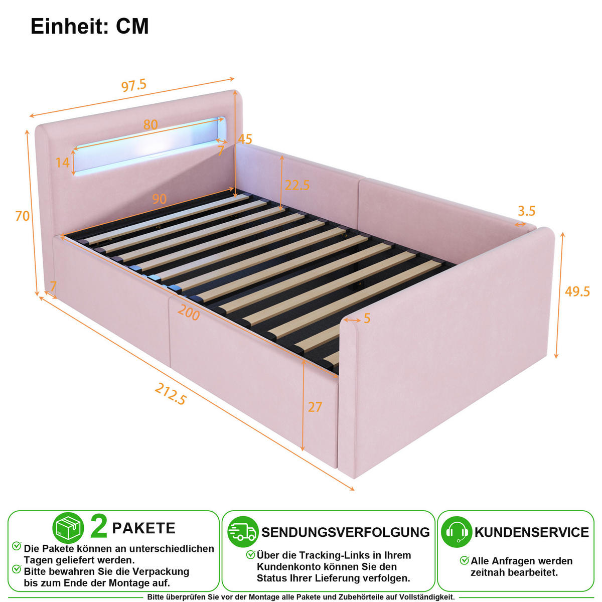 KINDERBETT 90/200 cm in Rosa mit LED, USB, Regal und Bettkasten Samt - Rosa, Holzwerkstoff/Textil (90/200cm) - CHICFURN