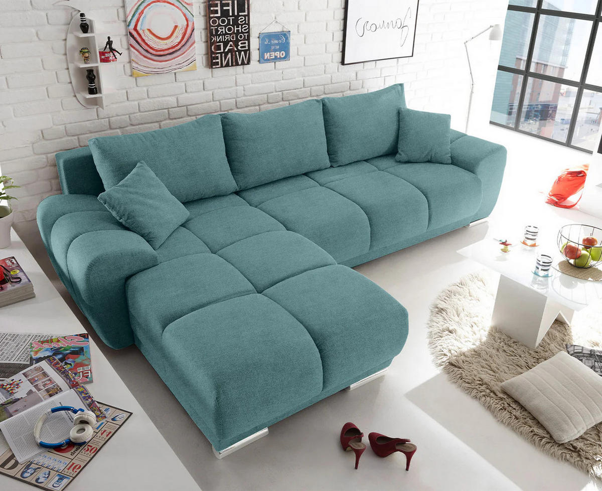 ECKSOFA beidseitig montierbar, Schlaffunktion mit Bettkasten - Chromfarben/Grün, Textil (289/189cm) - ed exciting design