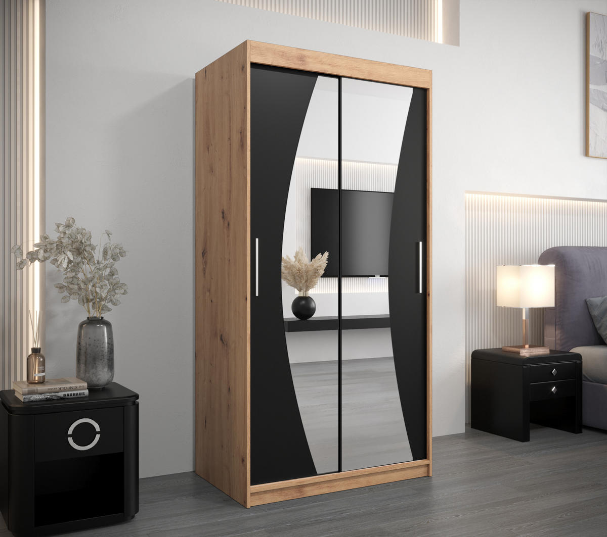 SCHWEBETÜRENSCHRANK 200/100/62 2-türig - Silberfarben/Schwarz, Holz/Kunststoff (100/200/62cm) - Abiks Möbel