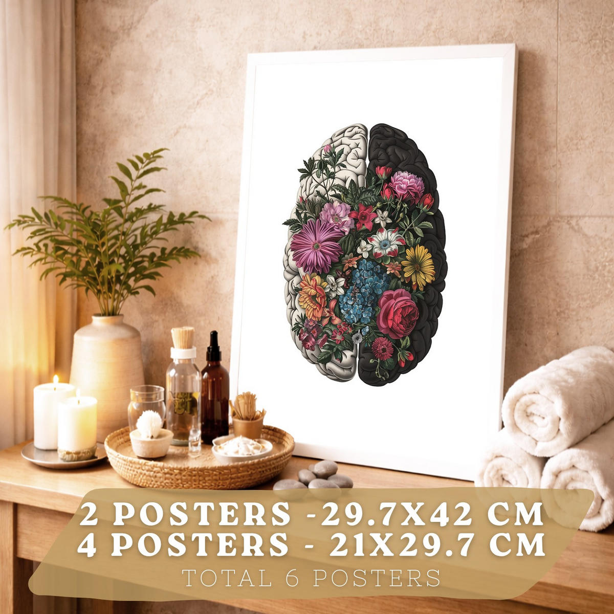 POSTER Set aus 6 Botanische Anatomie Drucke mit Herz Lungen Wirbelsäule Becken und Rippen Beige Terrakotta Erdtöne Florales Weißer Rahmen A3 & A4 - Weiß, Papier (21/29.7/3cm) - Nacnic