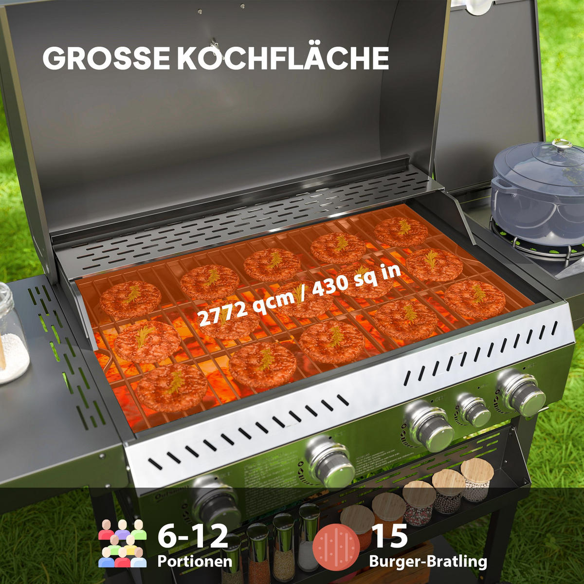 GASGRILL DE-10049 4 Hauptbrenner + Seitenkocher Schwarz - Schwarz, Metall (55/103/135cm) - ComfortXL