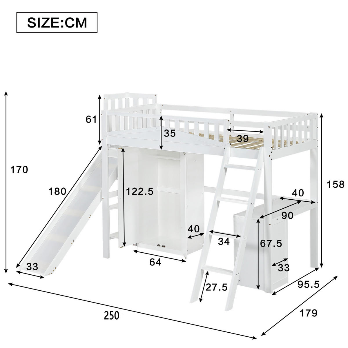 ETAGENBETT aus Kiefernholz, MDF und Sperrholz 90x200 cm Weiß mit Rutsche, Schreibtisch und Kleiderschrank - Weiß, Holzwerkstoff (90/200cm) - IVMEU