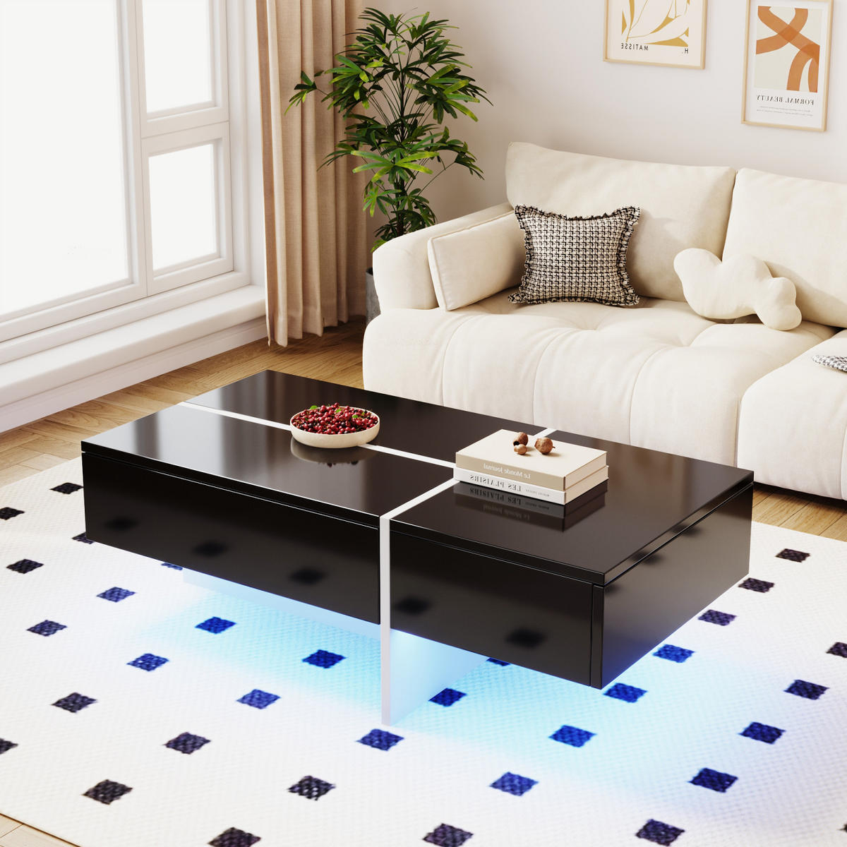 COUCHTISCH Schwarz Hochglanz mit LED, Stauraum und Schubladen - Schwarz, Metall (100/50/34cm)