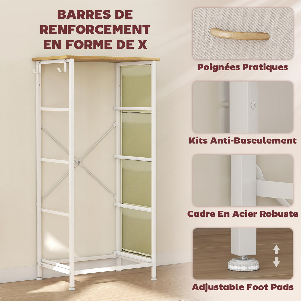 KOMMODE DE-12483 4 Schubladen mit Seitentaschen und Haken 45/30/94,5 cm Beige - Beige, Metall (45/94.5/30cm) - ComfortXL