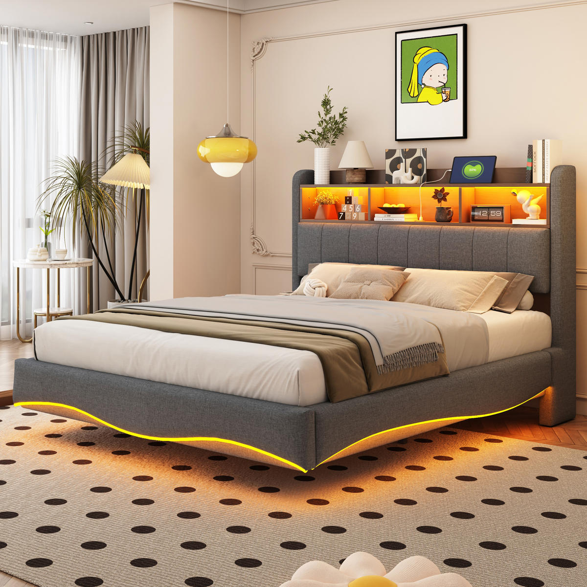POLSTERBETT 140/200 cm mit LED-Beleuchtung, USB- und Typ-C-Anschluss sowie Stauraum am Kopfteil, Grau - Grau, Textil (140/200cm) - Redom