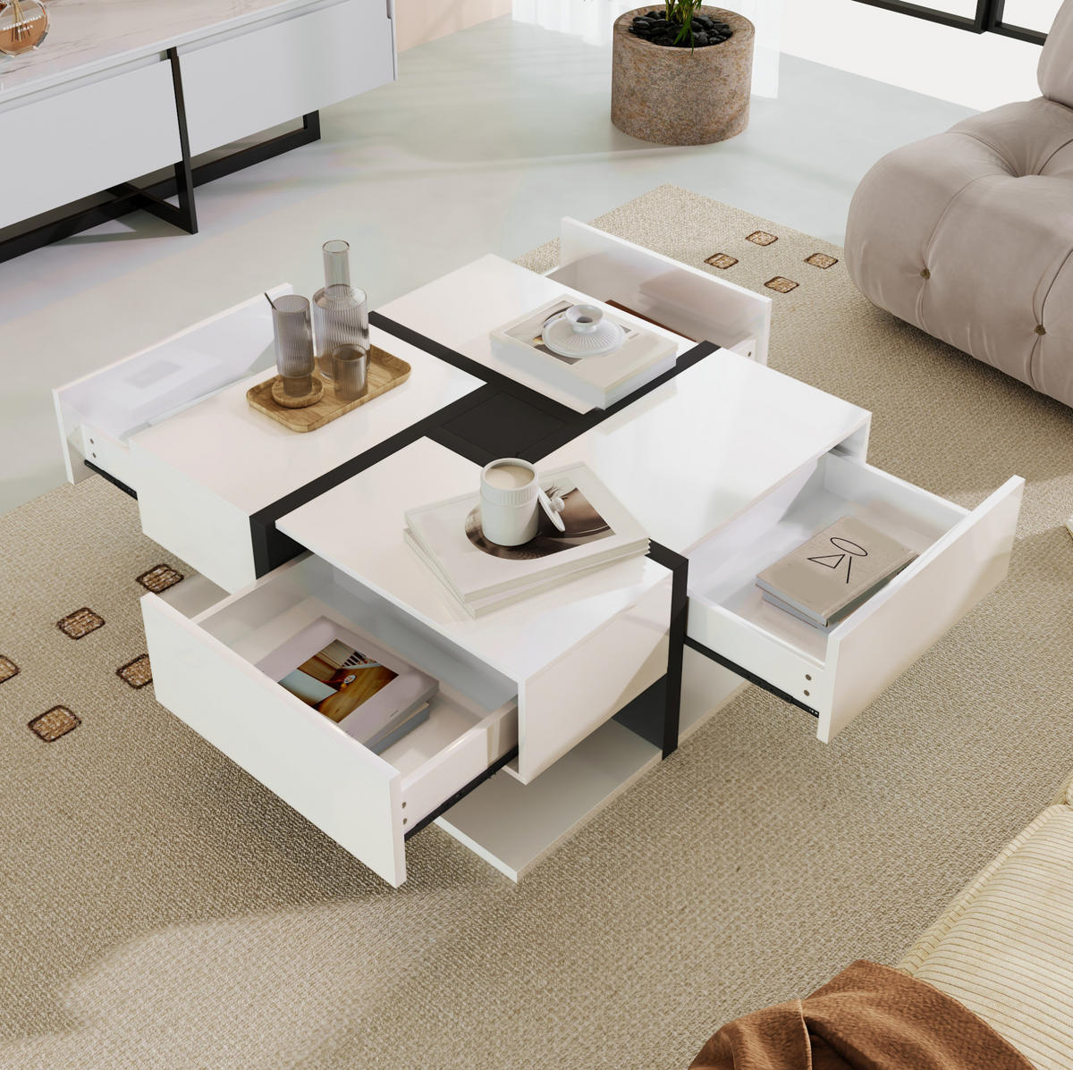 COUCHTISCH mit 4 Schubladen 78x78 cm Hochglanz Weiß - Weiß, Holzwerkstoff (78/78/36cm) - Meubliv