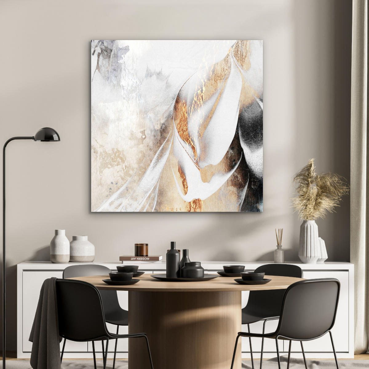 KOVOVÝ OBRAZ Luxusné - abstraktné - zlaté - biele 90x90 cm - zlatá, kov (90/90cm) - MuchoWow