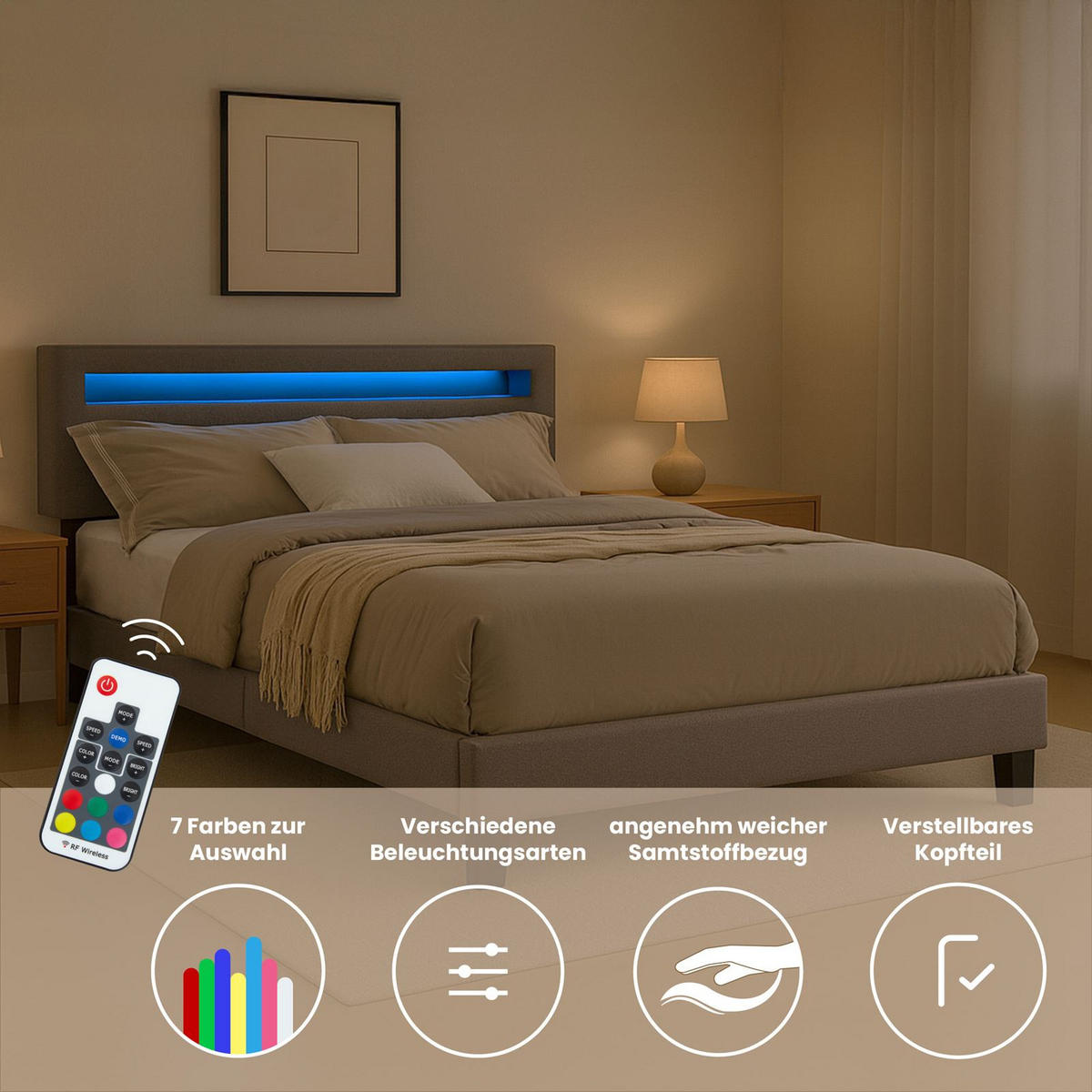 POLSTERBETT MIT LED LEXINGTON 140X200 CM - Grau, Textil (140/200cm) - CARO-Möbel