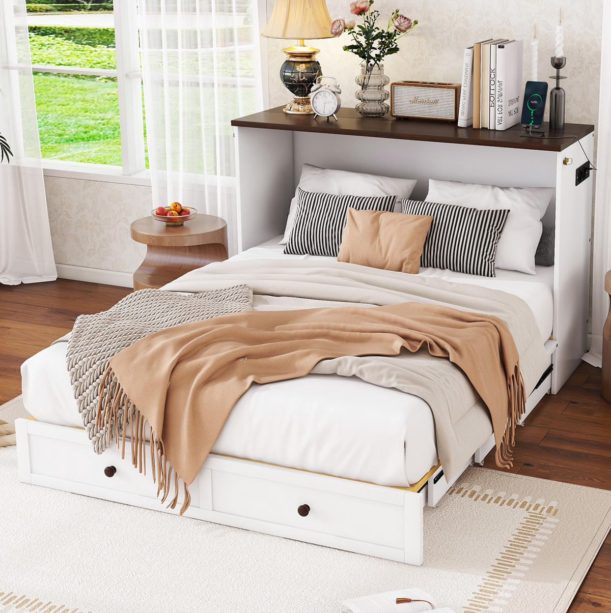 SCHRANKBETT 140/200 cm weiß mit Schubladen und Regal, umbaubar - Weiß, Holz (140/200cm) - OKWISH