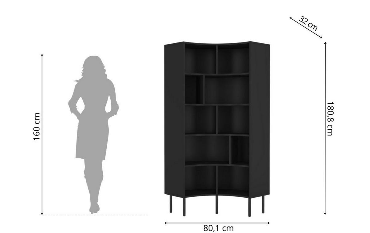 BÜCHERREGAL Horn, Schwarz, Bogenform, 10 Fächern, 80 cm - Schwarz, Holzwerkstoff/Metall (80/181/32cm) - Skandica