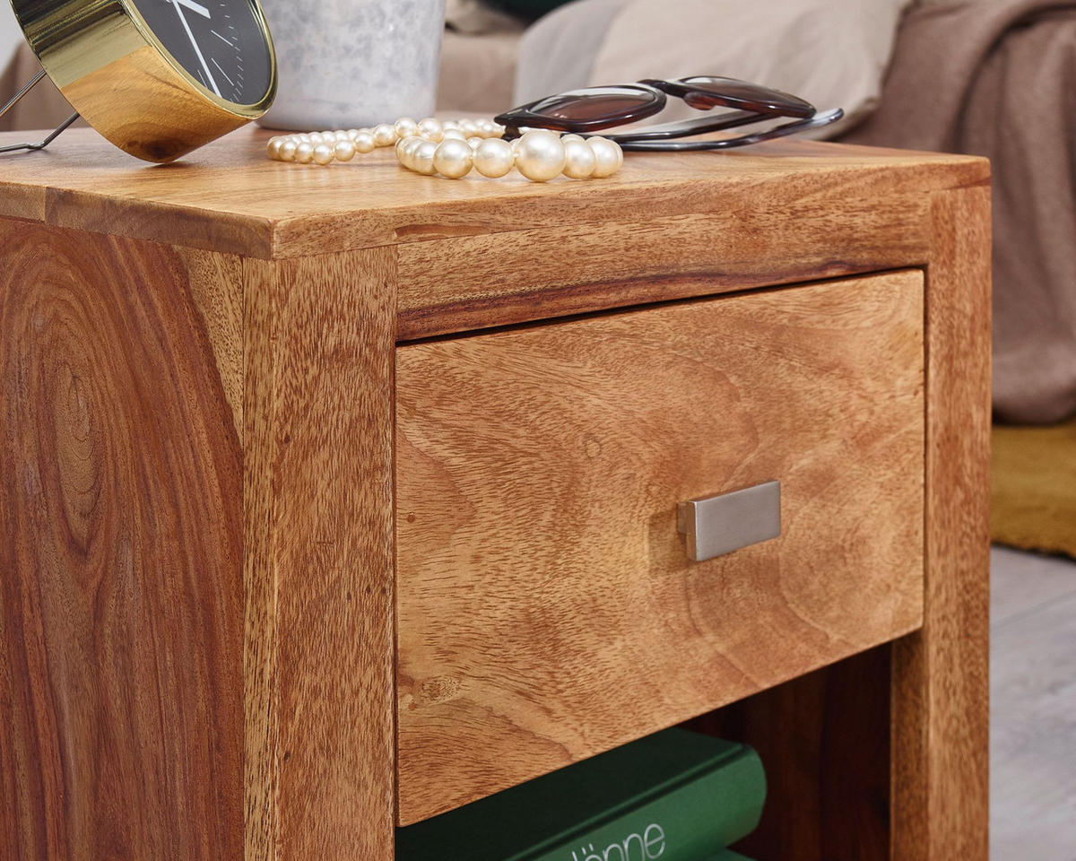 NACHTTISCH – Massivholz, Landhausstil, Ablage & Schublade, Griff verchromt - Braun, Holz/Metall (40/40/30cm) - KADIMA DESIGN