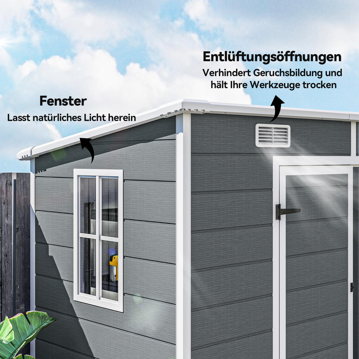 GERÄTEHAUS 2,54m², Wasserdicht Gartenhaus mit Pultdach, 238 x 125 x 183/165 cm - Grau, Kunststoff (125/183/238cm) - Outsunny