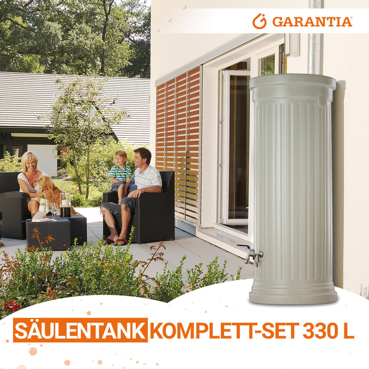 SÄULENTANK Komplett-Set 330 L, sandbeige inkl. Chrom-Doppelauslaufhahn und Fallrohranschluss - Beige, Kunststoff (59/161/80cm) - GARANTIA
