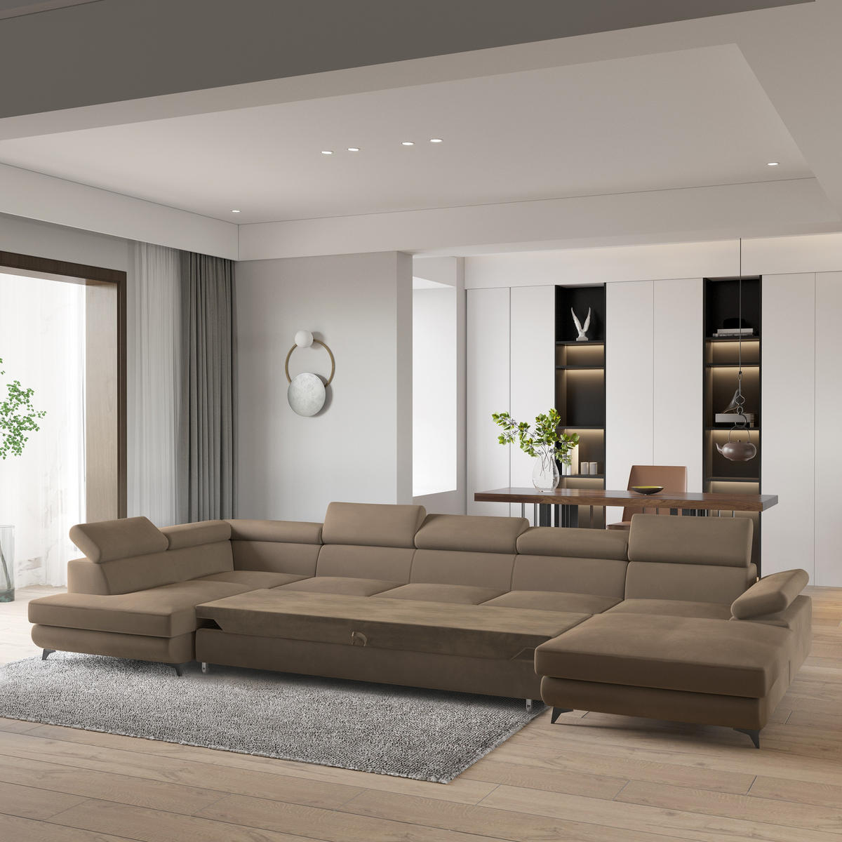 WOHNLANDSCHAFT MONTIVA Beige Velours-Stoff mit Schlaffunktion - Beige, Holz (410/89/190cm) - MASSENO