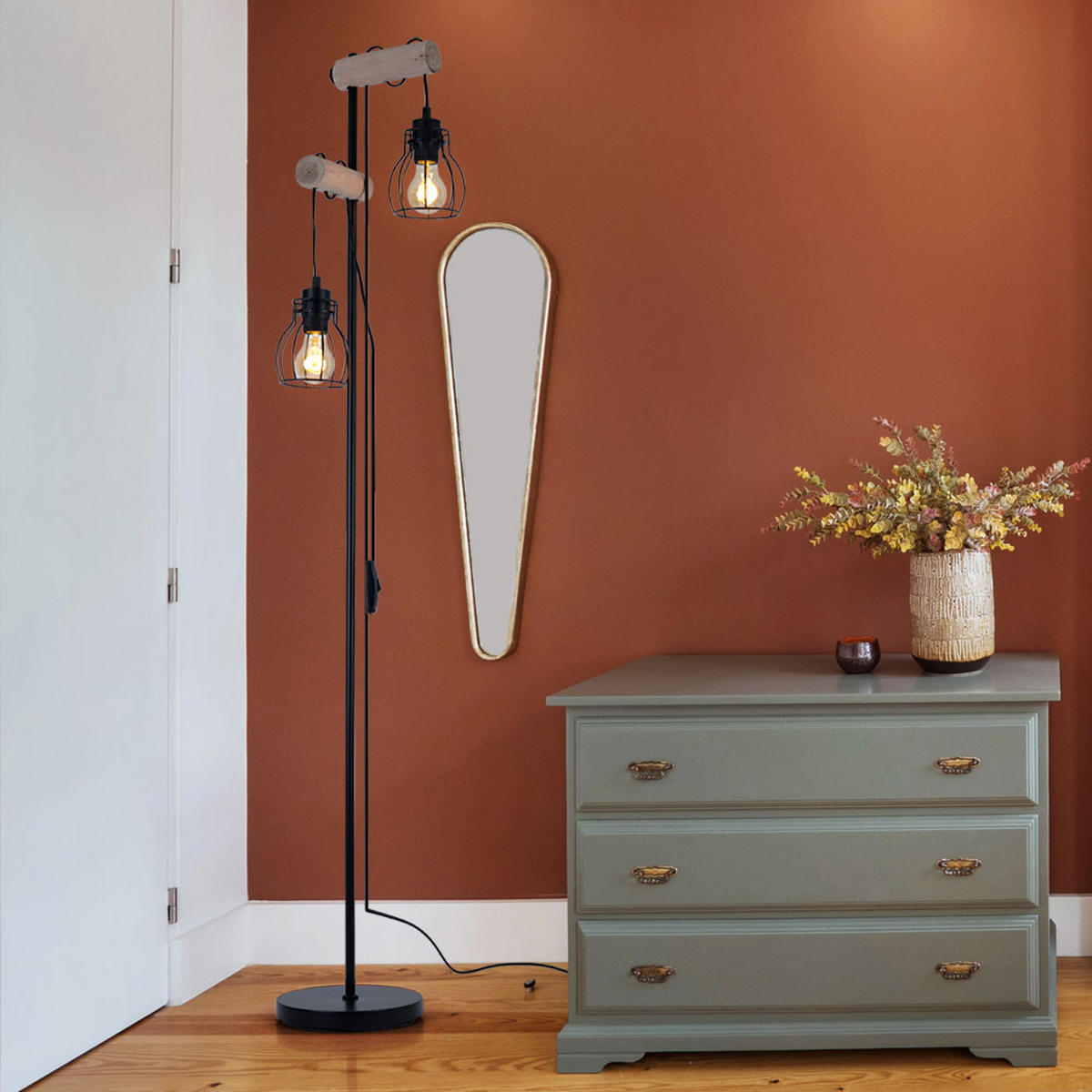 LED STEHLEUCHTE Metall Schwarz höhenverstellbar - Schwarz, Holz (38.5/23/150cm) - Globo Lighting