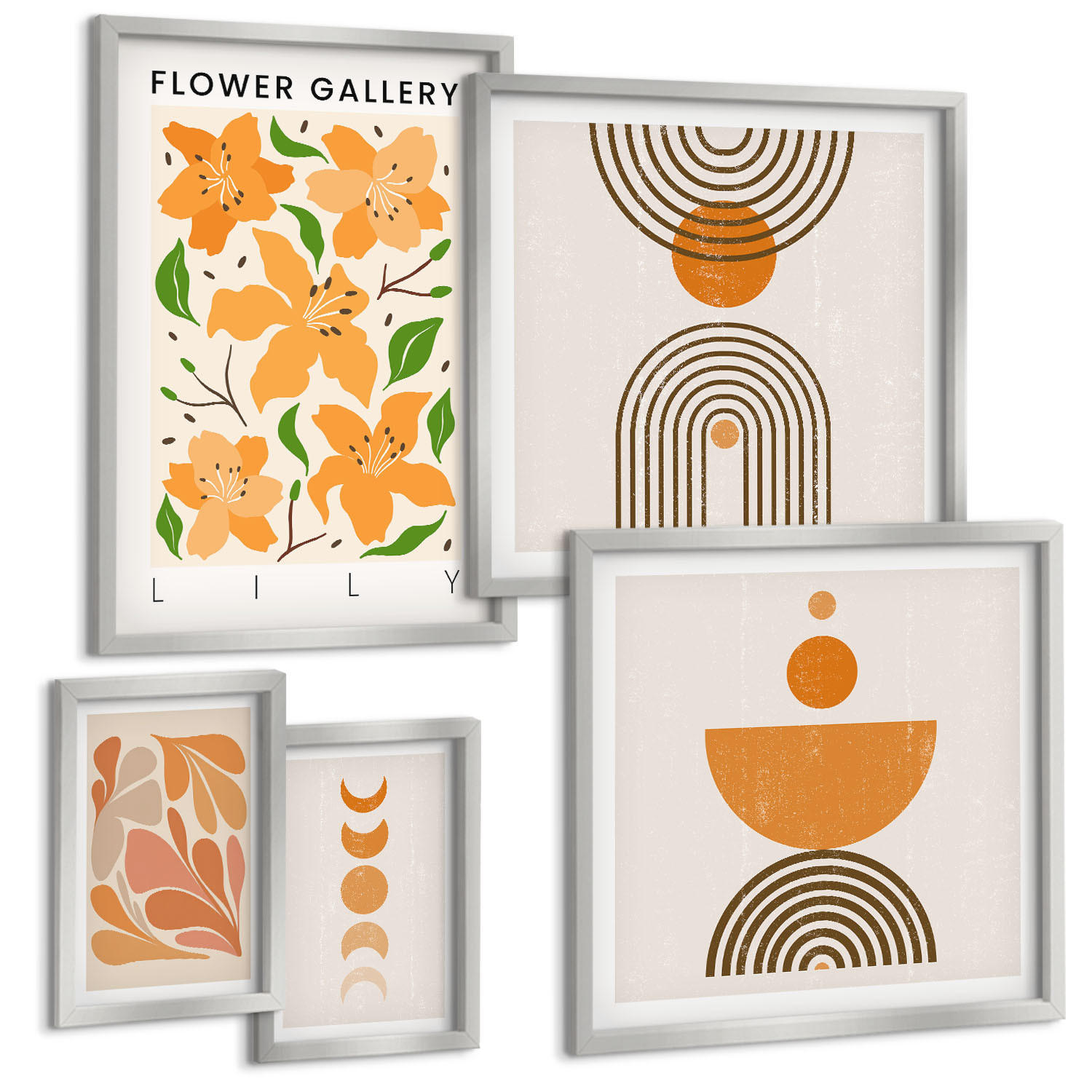 BILDER SET 5er Set - 50x50 cm & 20x30 cm & 40x60 cm Silberner Rahmen - Abstrakte orange Formen - Silberfarben, Kunststoff (40/60cm) - TULUP