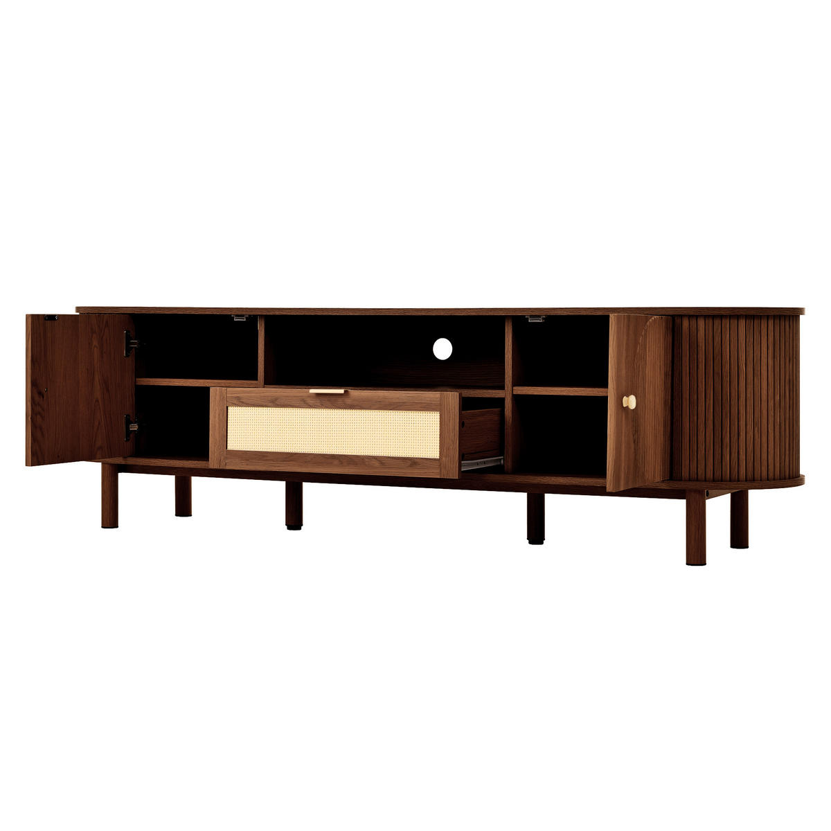 TV-LOWBOARD 175 x 36 x 51 cm, Rattan-Schubladen, offene Fächer, abgerundet, Walnuss - Walnussfarben, Holzwerkstoff (175/51/36cm)