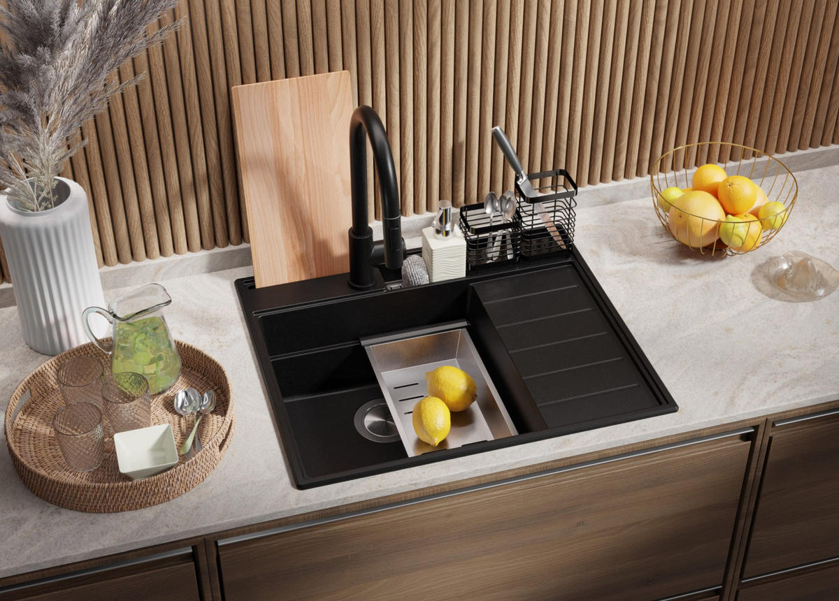 GRANITSPÜLE Sydney Pocket, 2-er set Schwarz 62/53 cm 1 Becken + Küchenarmatur 32/20 cm + Ablauf-Set + Küchenzubehörset ab 45er Unterschrank - Chromfarben/Beige, Kunststoff (62/20/53cm) - Primagran