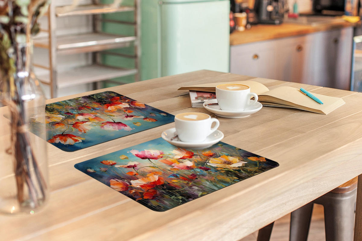 PLATZSETS 6er-Set Blumen - Aquarell - Kunst - Botanisch - Natur 45x30 cm Tischset - Koralle, Kunststoff (0.3/45/30cm) - MuchoWow