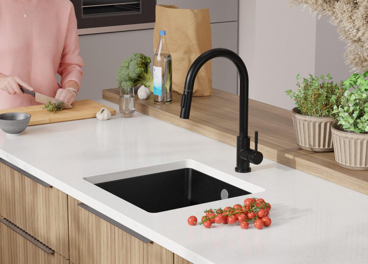 UNTERBAUSPÜLE GRANIT Venedig Easy, 2-er set Alles Schwarz 46/44 cm 1 Becken + Ablauf-Set ab 50er Unterschrank - Schwarz, Kunststoff (46/20/44cm) - Primagran