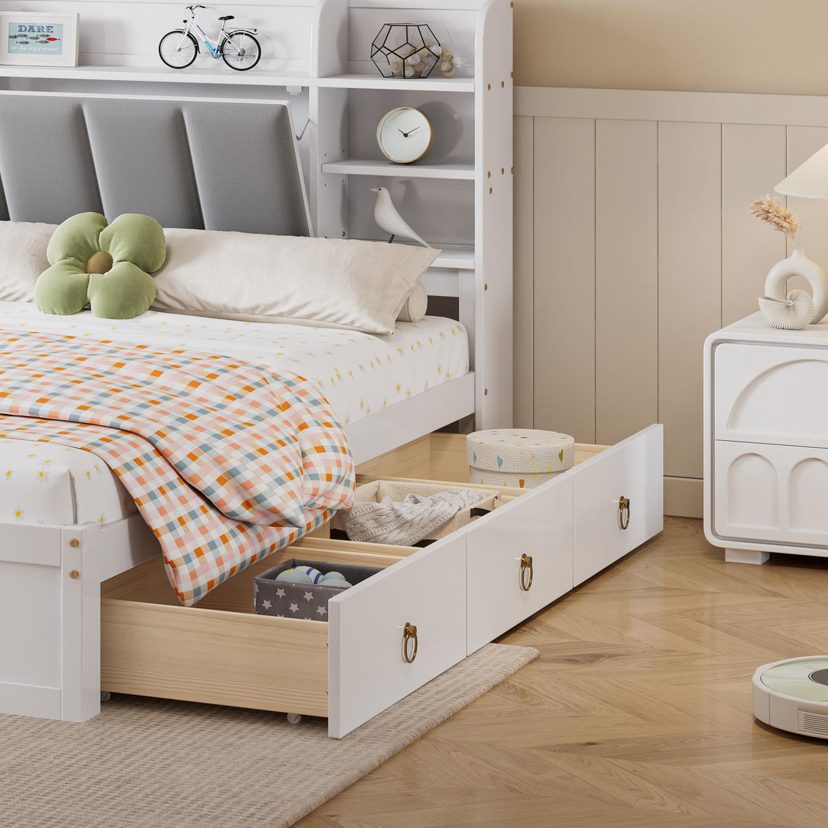 DOPPELBETT 160/200 cm Weiß mit offenen Regalen und drei Schubladen - Weiß, Holzwerkstoff (160/200cm) - OKWISH