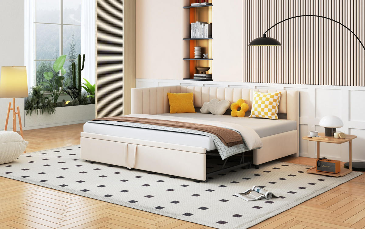 POLSTERBETT 90/200 cm Beige aus Samt mit Ausziehfunktion - Beige, Textil (90/180cm) - OKMYHOME