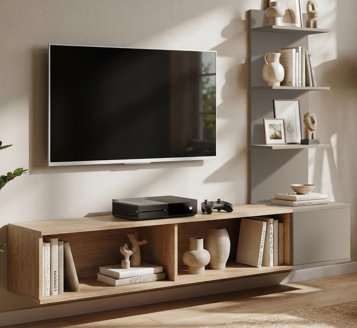 TV-LOWBOARD Eiche mit Lehm-Grau 180 cm hängend, TV Unterschrank Set mit Paneel und Regal - Eichefarben/Hellgrau, Holzwerkstoff (180/130/40cm) - Inn.Furn