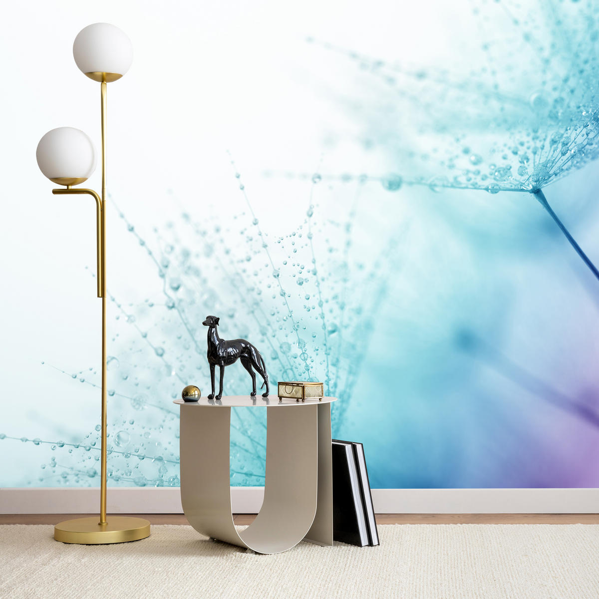 FOTOTAPETE für Badezimmer Leuchtende Löwenzahnblüten Wassertropfen Blau 150x105 - Türkis/Blau, Papier (150/105cm) - Muralo