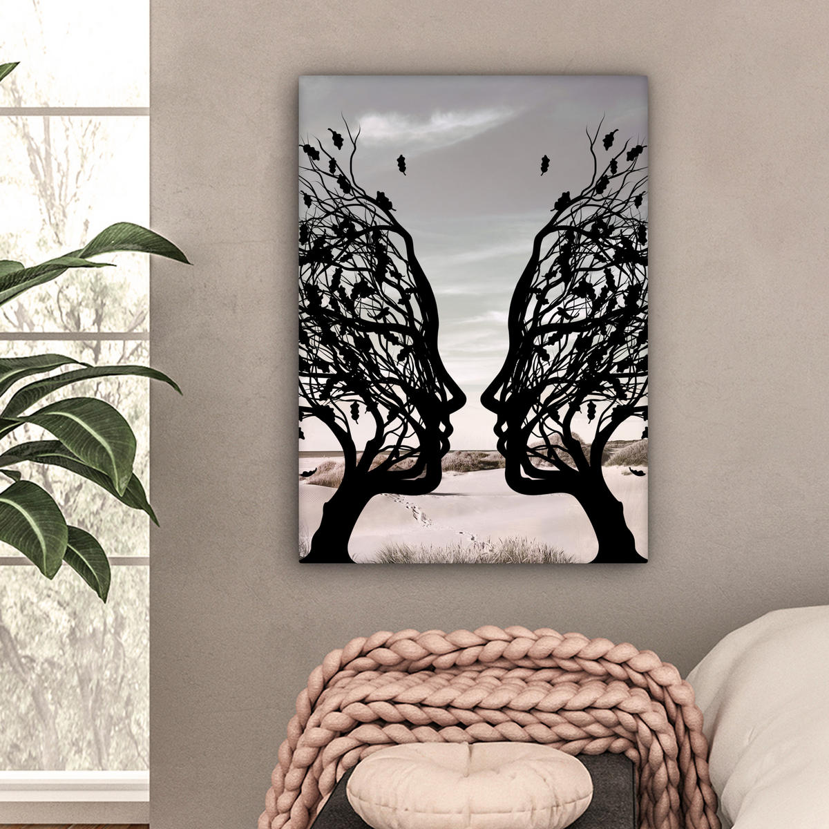 LEINWANDBILD Strand - Meer - Menschen - Baum - Moderne Kunst 60x80 cm - Hellgrau, Textil (60/80cm) - MuchoWow