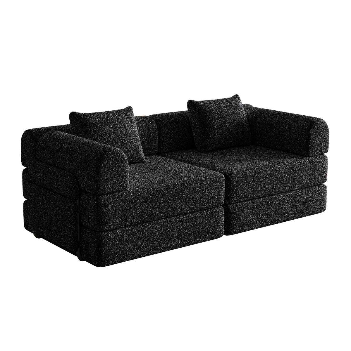 SCHLAFSOFA 2-in-1, Chenille mit Armlehnen-Staufach & Stahlrahmen, 183,8/181,6/49,5 cm, Schwarz - Schwarz, Textil (183.8/49.5/181.6cm) - Redom