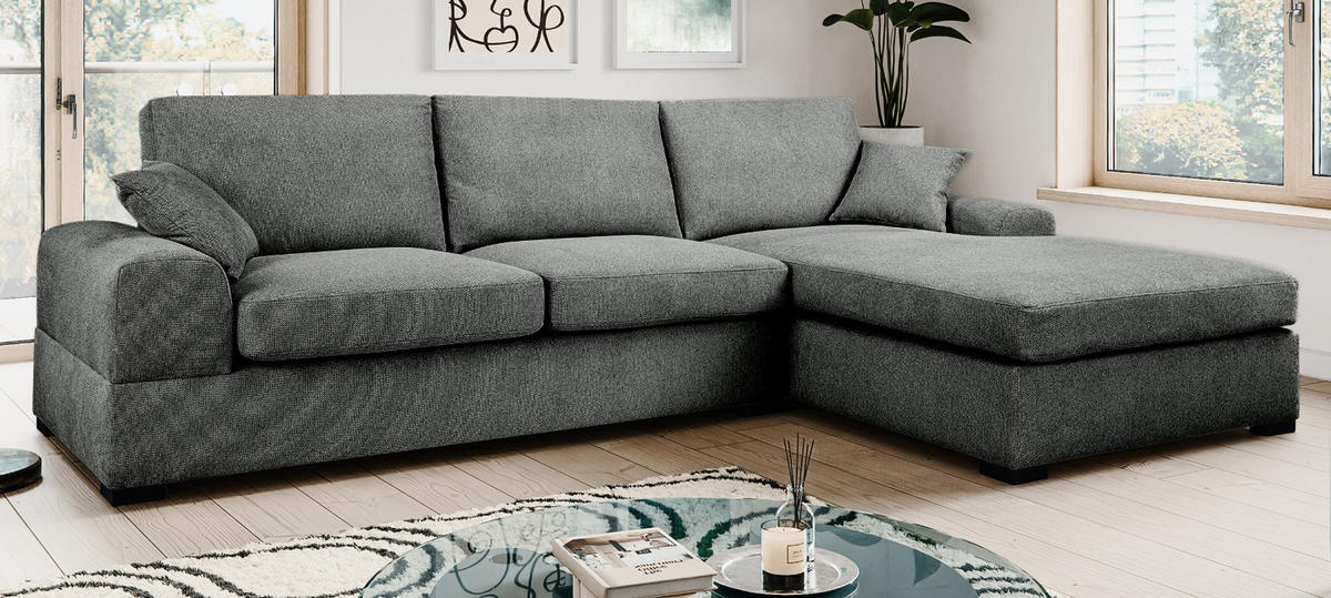 SOFA grau Strukturstoff 308 cm, Ecksofa 5-Sitzer, L-Sofa Ottomane rechts - Schwarz/Grau, Holz/Textil (308/186cm) - Inn.Furn