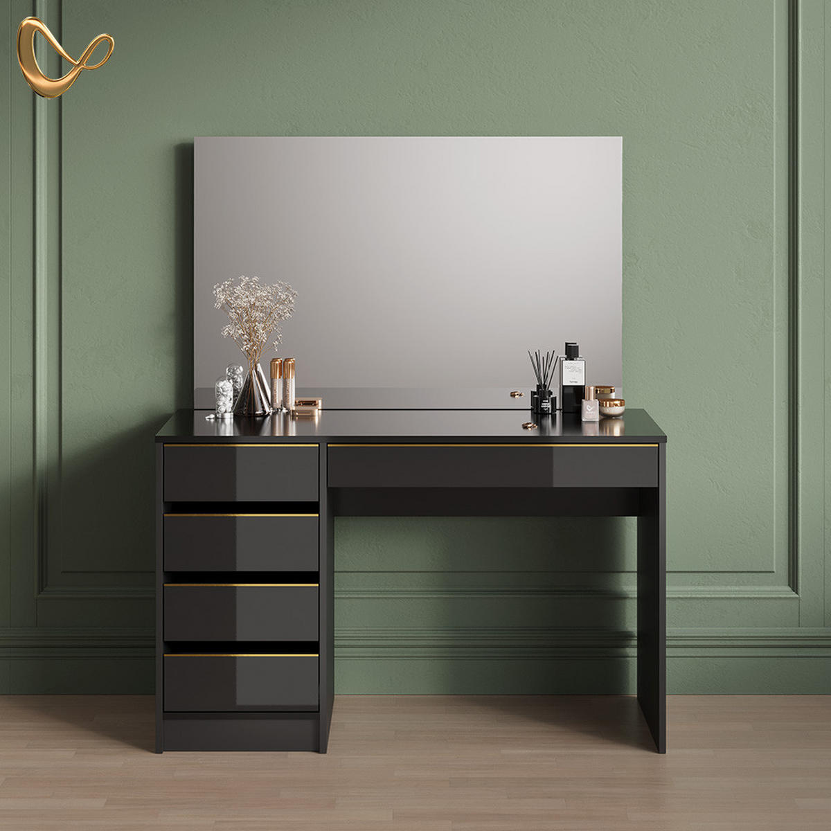SCHMINKTISCH Imola Schwarz/Gold 120 cm mit Spiegel - Goldfarben/Schwarz, Holzwerkstoff (120/75/55cm) - Livinity®