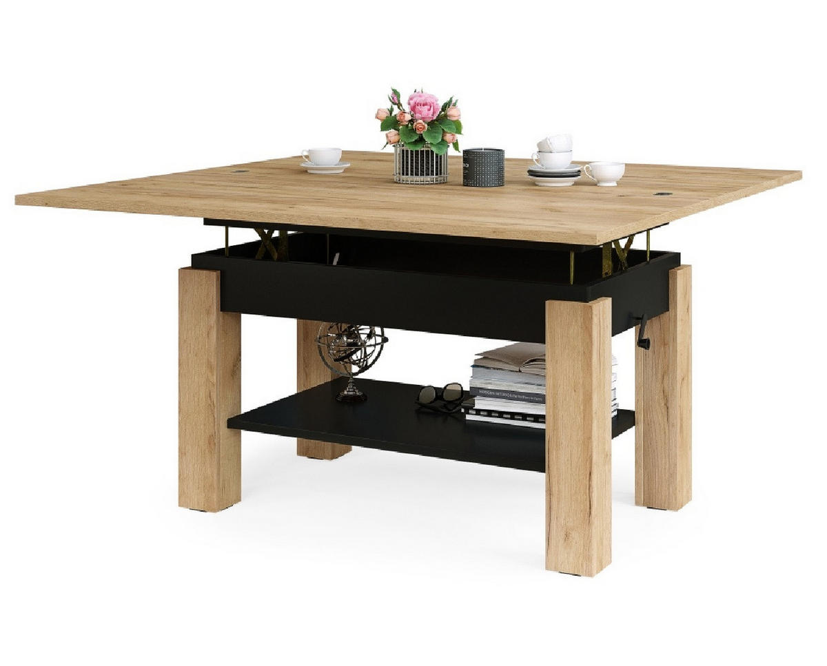 COUCHTISCH rechteckig Eiche Gold - Schwarz ausziehbar höhenverstellbar - Eichefarben/Schwarz, Holzwerkstoff (65/130/60cm) - designimpex