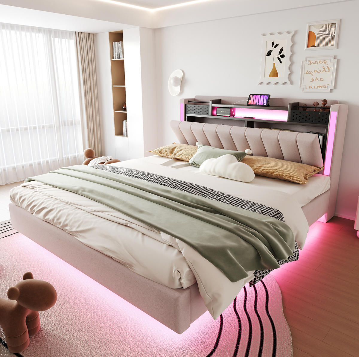 POLSTERBETT 160/200 cm mit LED-Beleuchtung, USB und Stauraum im Kopfteil - Beige, Textil (160/200cm) - BEAOK
