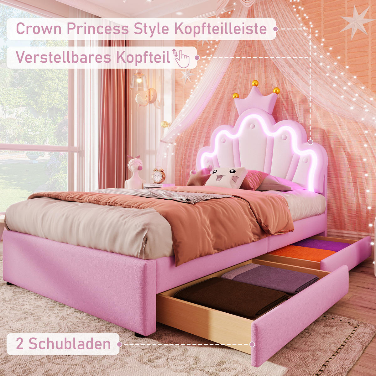KINDERBETT Kindereinzelbetten 90/200 cm mit verstellbarem Kopfteil, LED-Beleuchtung, 2 Schubladen und PU-Bezug, Weiß/Rosa - Rosa, Kunststoff (90/200cm) - Redom