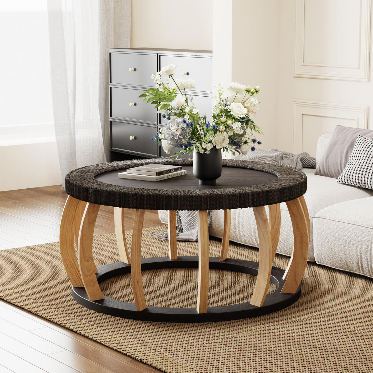 COUCHTISCH in Schwarz Rattan-Kaffeetisch für Wohnzimmer oder Esszimmer, B90/T90/H43cm - Schwarz/Naturfarben, Holz/Holzwerkstoff (90/90/43cm) - STILVORA