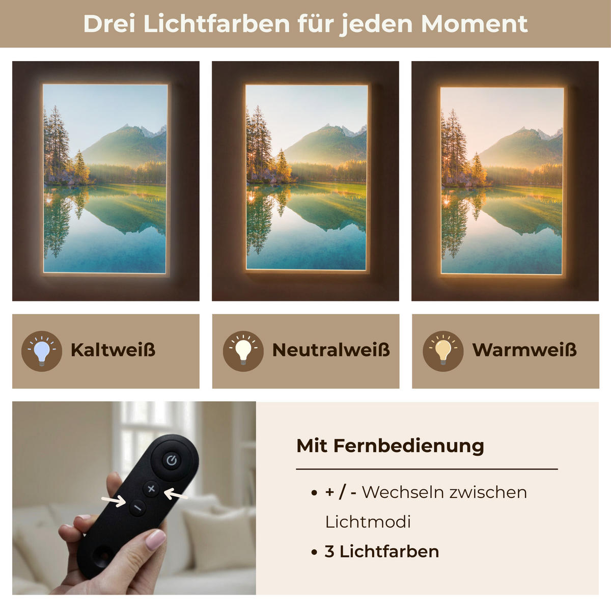WANDLEUCHTE MIT AKKU See - Wald - Berge - Natur - Sonne - Landschaft 60x90 cm - Grün, Holzwerkstoff (60/90/8cm) - OnlyWow