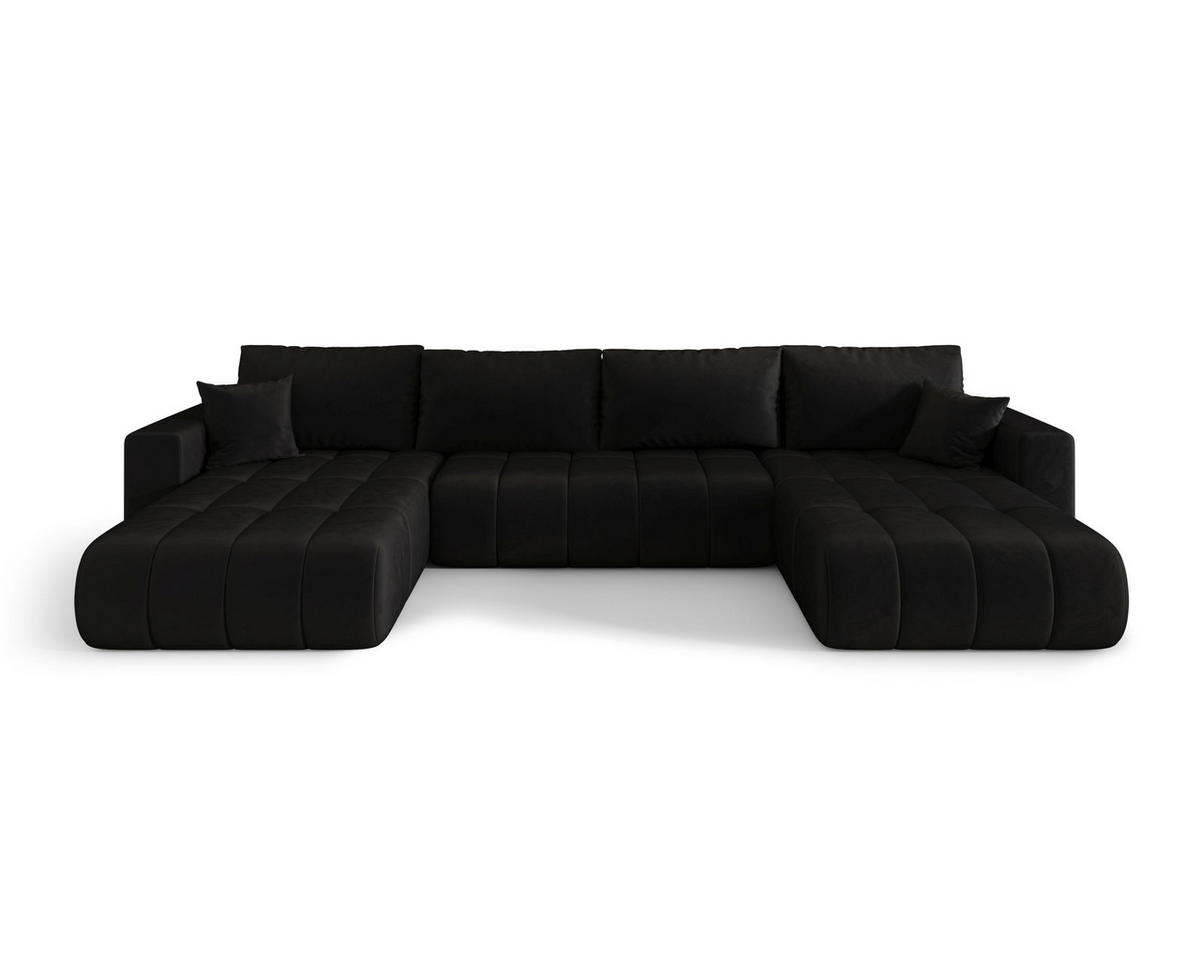 ECKSOFA LARA PREMIUM U-Form schwarz Velours Monolith 97 - Schlaffunktion, Bettkasten - Schwarz, Textil (385/175cm) - Cornero