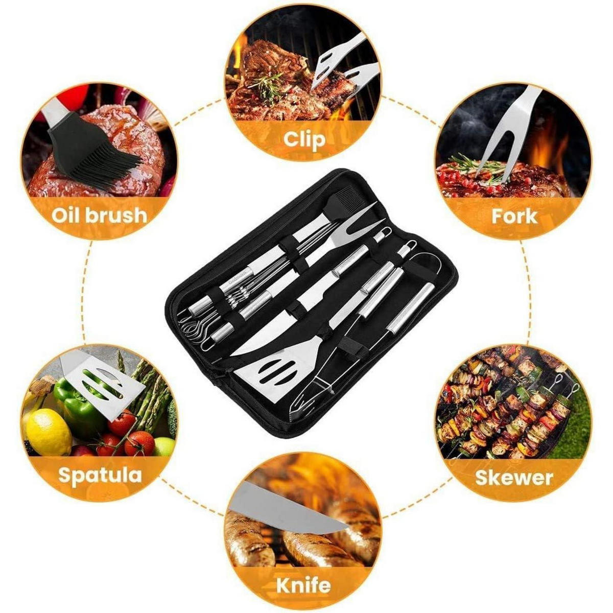 GRILLBESTECK-SET 9-teilig mit Grillhandschuhen Hitzebeständig bis 800°C Schwarz - Schwarz, Metall (38.5cm)