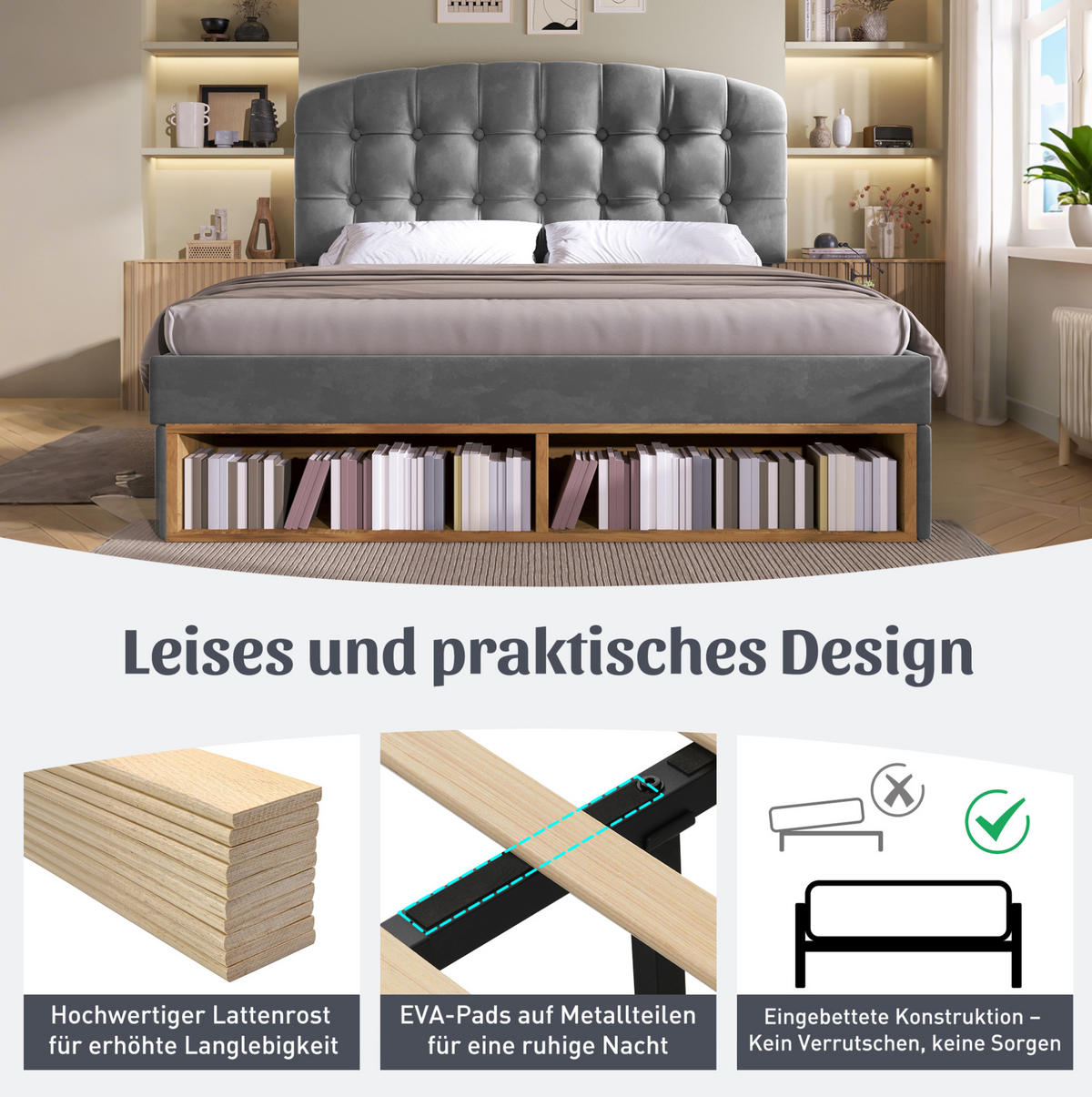 POLSTERBETT 140/200 cm Grau aus Samt mit Stauraum - Grau, Textil (140/200cm) - OKMYHOME