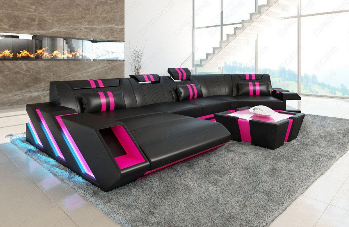 WOHNLANDSCHAFT Apollonia C - Pink/Schwarz, Leder (420/78/190cm) - Sofa Dreams