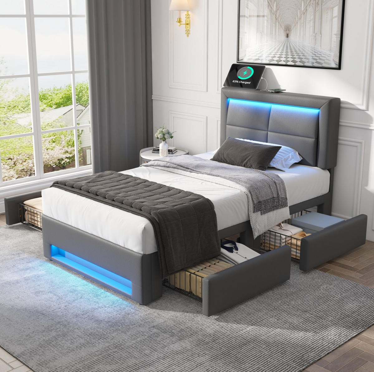 POLSTERBETT mit LED-Beleuchtung 90/200 cm mit 4 Schubladen und USB-Ladefunktion - Grau, Kunststoff (90/200cm) - BEAOK