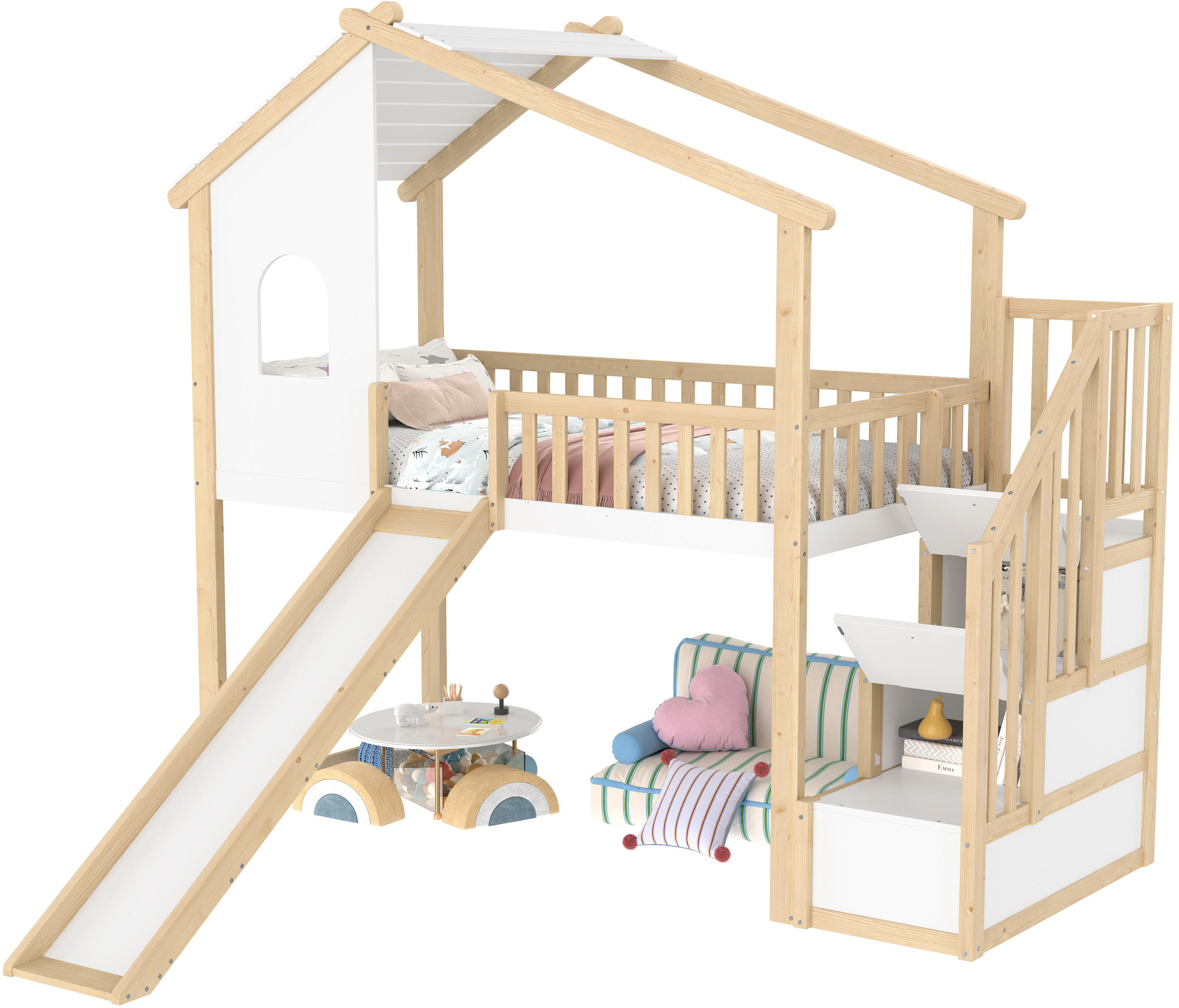 STILVORA PATROVÁ POSTEL 90/200 cm, přírodní & bílá, s úložným žebříkem a skluzavkou, domečkový design