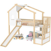 HOCHBETT 90x200cm Natur + Weiß Stauraumleiter Fenster Rutsche - Multicolor, Holz (90/200cm) - FLIEKS