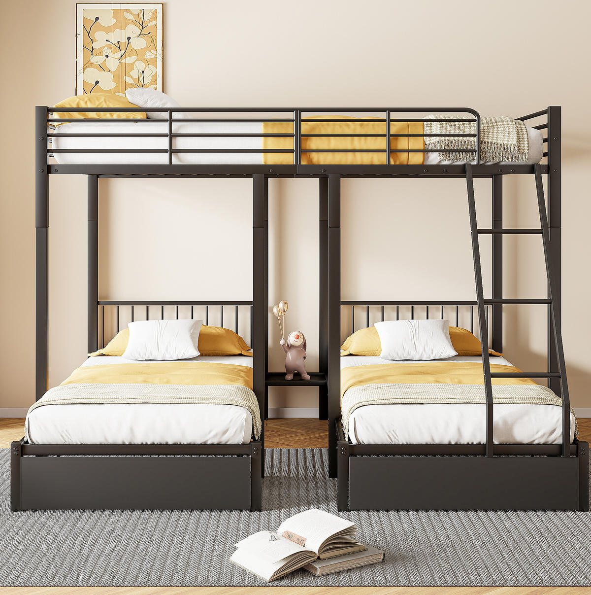 ETAGENBETT Kinderbette 140/200 und 2 x 90/200 cm aus Metall mit 2 Schubladen Schwarz - Schwarz, Metall (140/200cm) - Modenvie