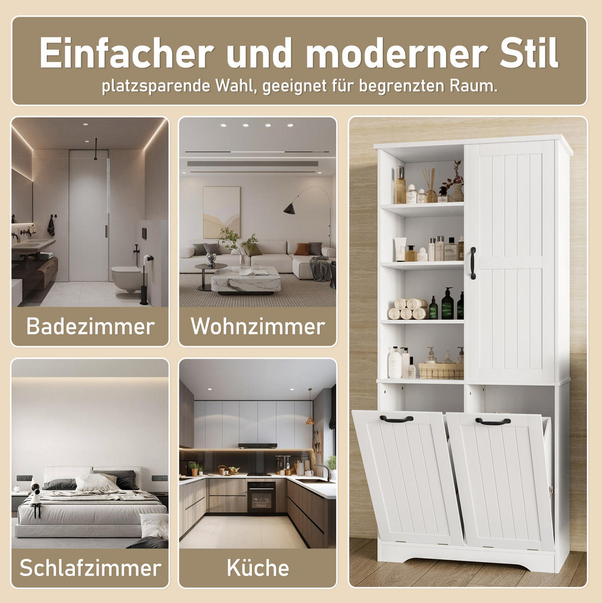 HOCHSCHRANK 78/35/172,7 cm aus MDF mit doppeltem Wäschekorb Weiß - Weiß, Holzwerkstoff (78/172.7/35cm) - Modenvie