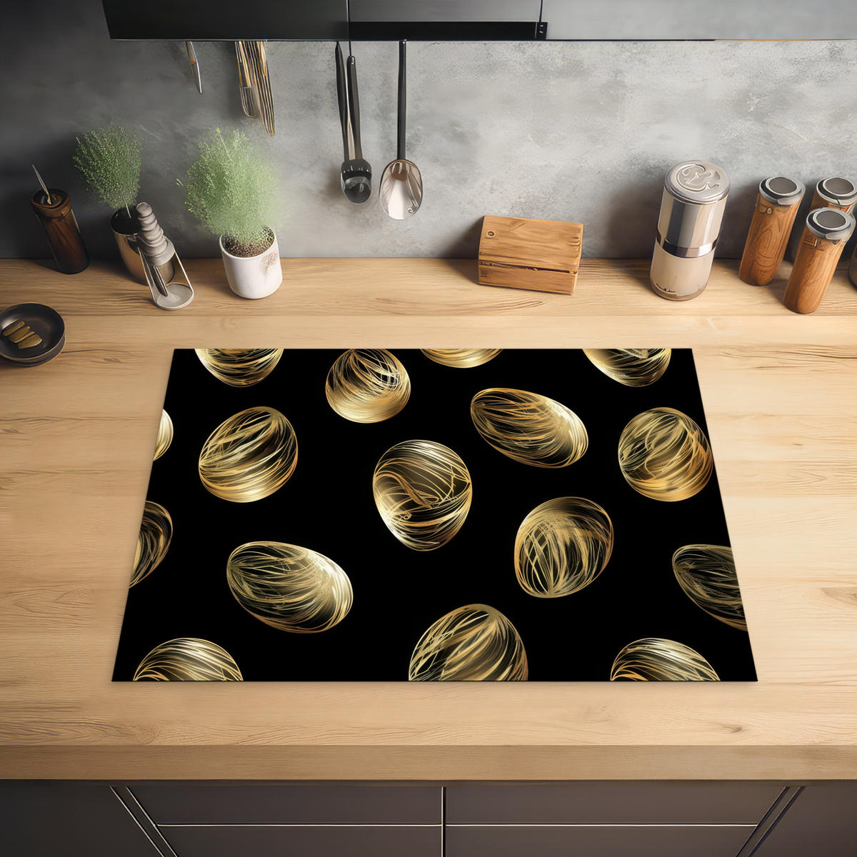 HERDABDECKPLATTE Eier - Gold - Muster Herdabdeckung Induktionsfeld 70x52 cm - Schwarz, Kunststoff (70/52/0.2cm) - MuchoWow