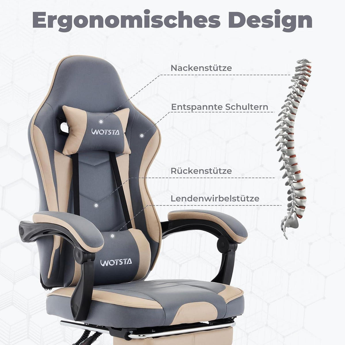 GAMING Chair Ergonomischer Bürostuhl mit Fußstütze BlauBeige - Multicolor, Kunststoff (48/125/53cm)