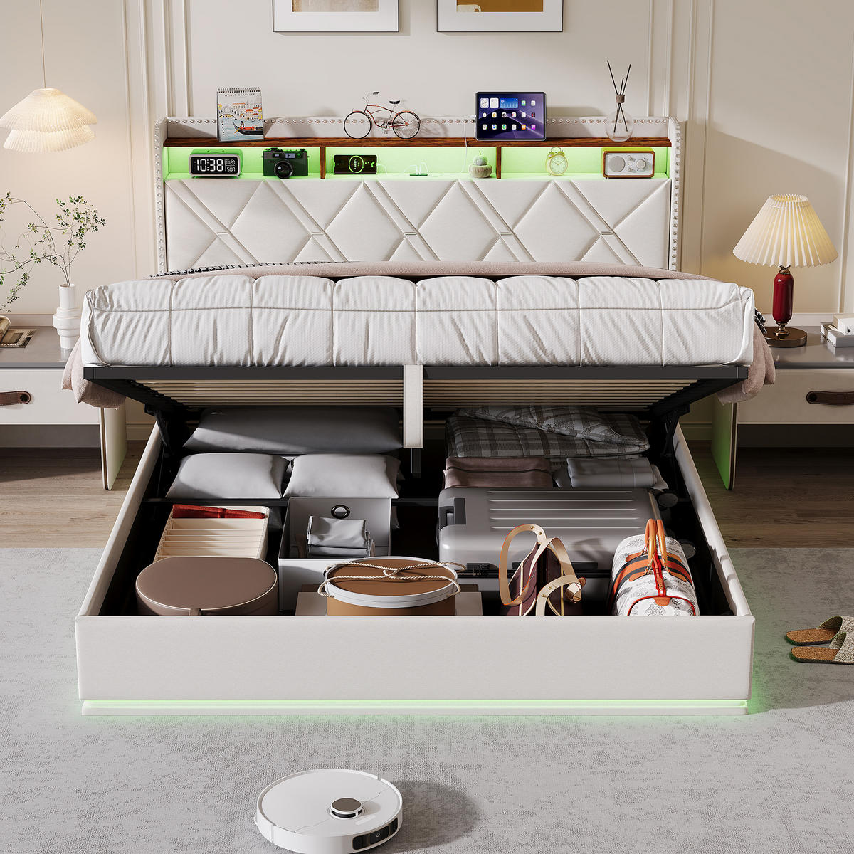 POLSTERBETT 160/200 cm Beige mit hydraulischem Stauraum, LED mit Ablage und USB - Beige, Metall (160/200cm) - EuroLiving