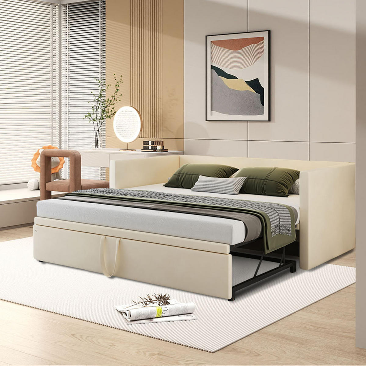 SCHLAFSOFA 90/180x200 cm ausziehbar, Lattenrost, Samt, Beige - Beige, Holz (180/200cm)